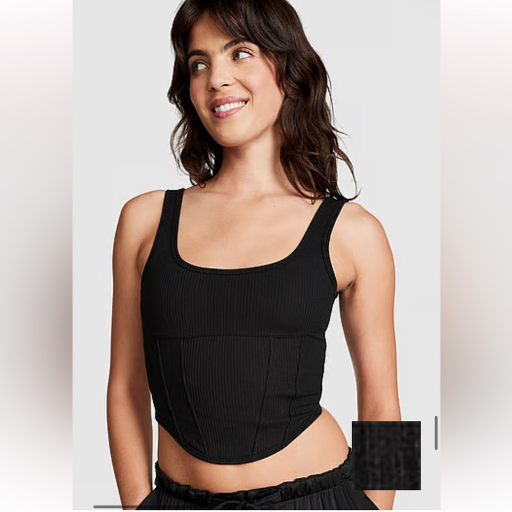 Pink Victoria’s Secret Cinched Corset Tank Top Black Basic Sleeveless Shirt Sz S